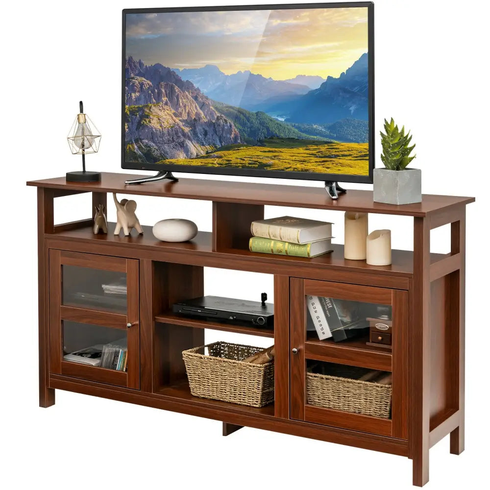 58 Inch TV Stand Entertainment Console Center with 2 Cabinets-Brown - Brown - Entertainment Centers & TV Stands