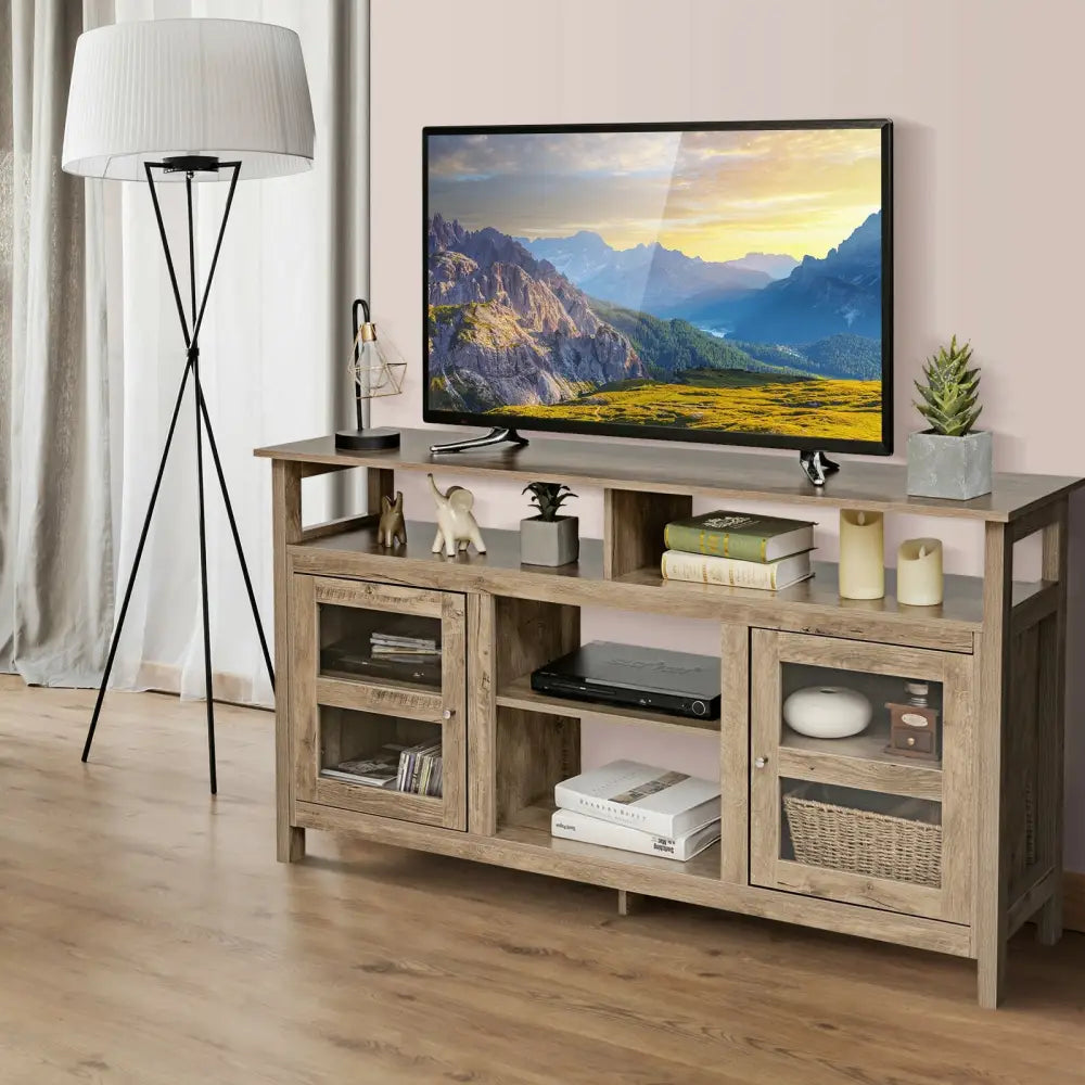 58 Inch TV Stand Entertainment Console Center with 2 Cabinets-Natural color - Natural - Entertainment Centers & TV