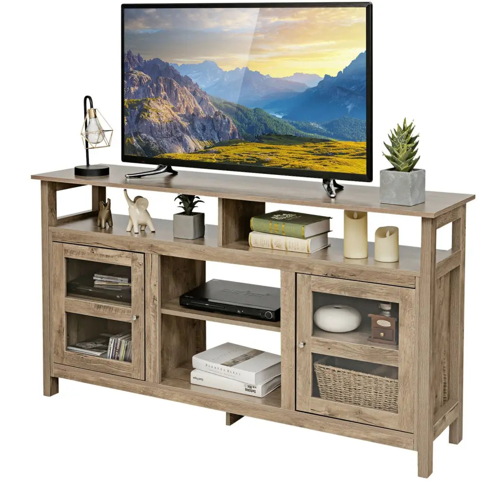 58 Inch TV Stand Entertainment Console Center with 2 Cabinets-Natural color - Natural - Entertainment Centers & TV