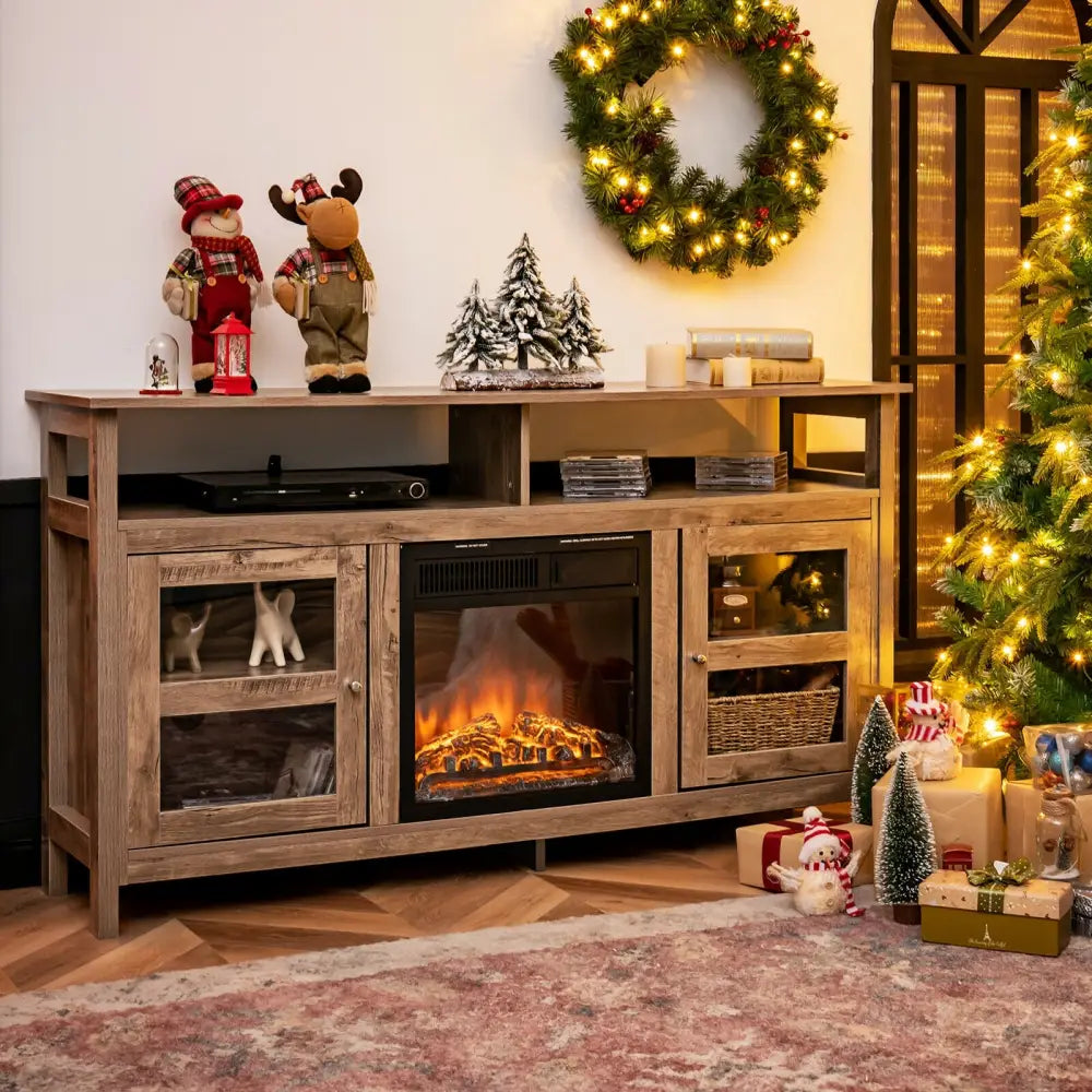 58 Inch TV Stand Entertainment Console Center with 2 Cabinets-Natural color - Natural - Entertainment Centers & TV