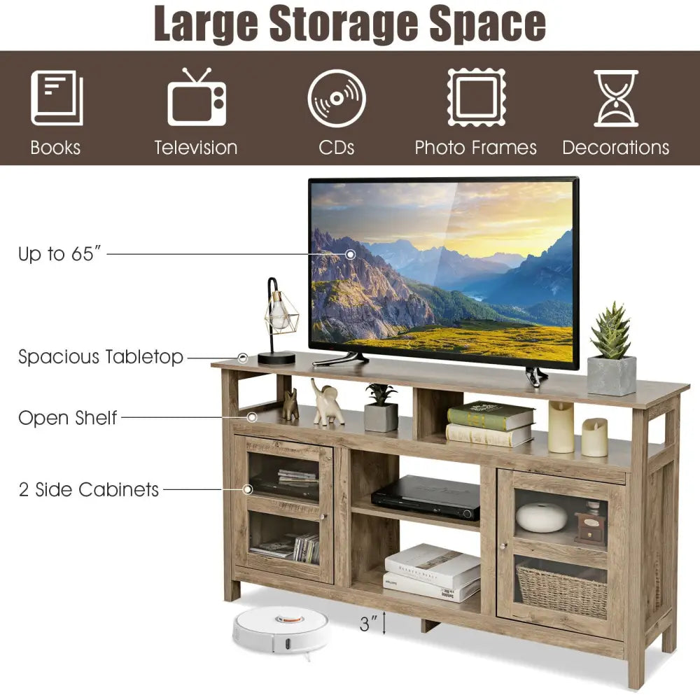 58 Inch TV Stand Entertainment Console Center with 2 Cabinets-Natural color - Natural - Entertainment Centers & TV
