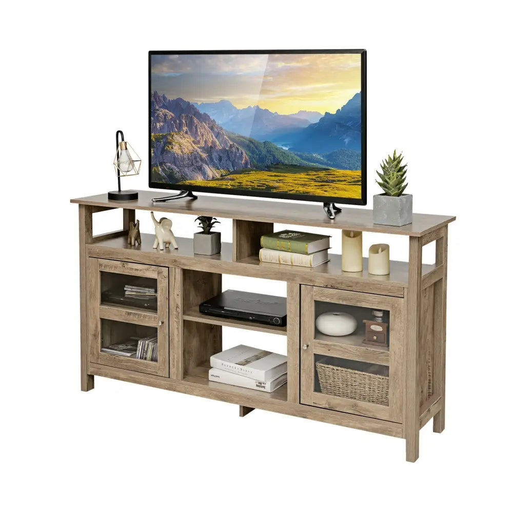 58 Inch TV Stand Entertainment Console Center with 2 Cabinets-Natural color - Natural - Entertainment Centers & TV