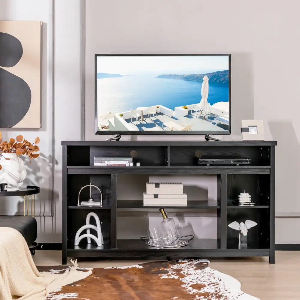 58 Inch TV Stand Entertainment Console Center with Adjustable Open Shelves-Black - Black - Entertainment Centers & TV