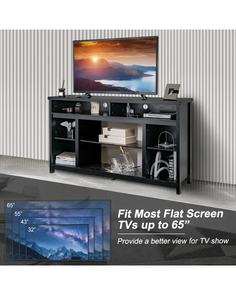 58 Inch TV Stand Entertainment Console Center with Adjustable Open Shelves-Black - Black - Entertainment Centers & TV