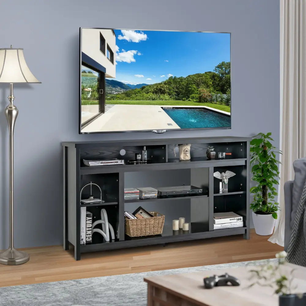 58 Inch TV Stand Entertainment Console Center with Adjustable Open Shelves-Black - Black - Entertainment Centers & TV