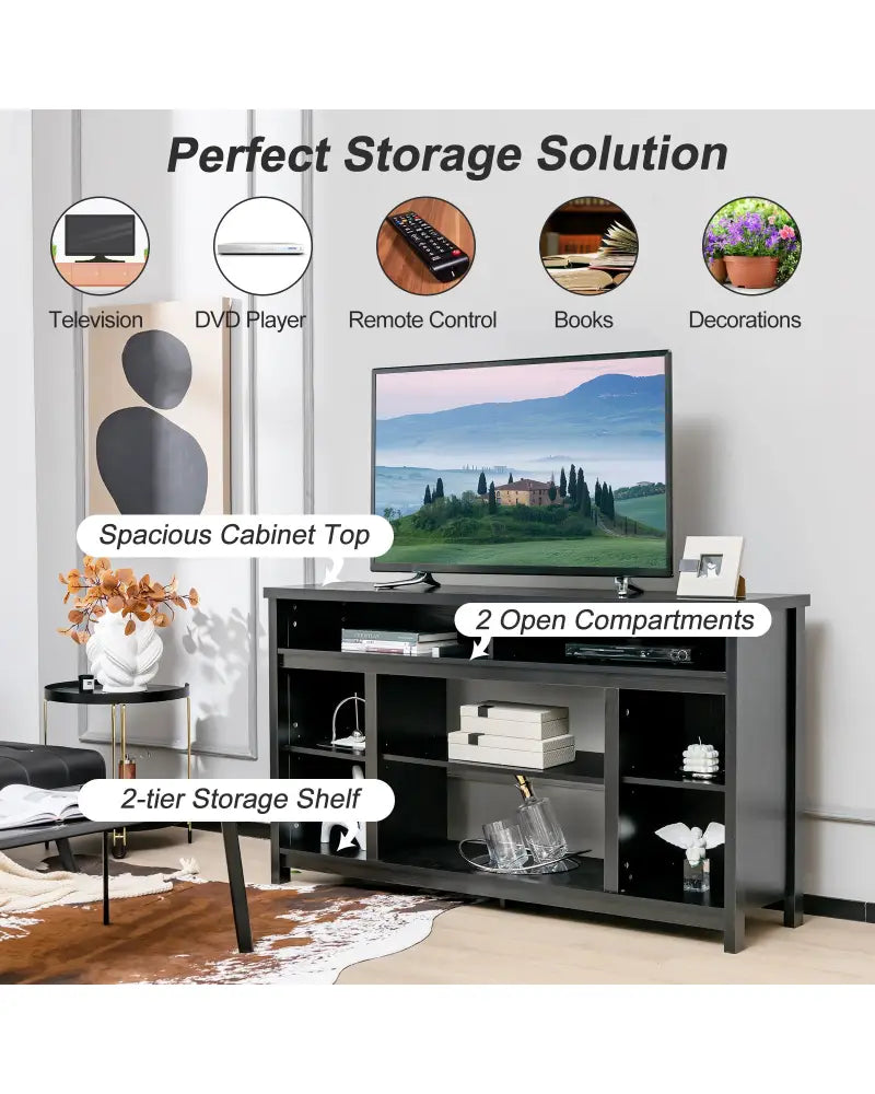 58 Inch TV Stand Entertainment Console Center with Adjustable Open Shelves-Black - Black - Entertainment Centers & TV