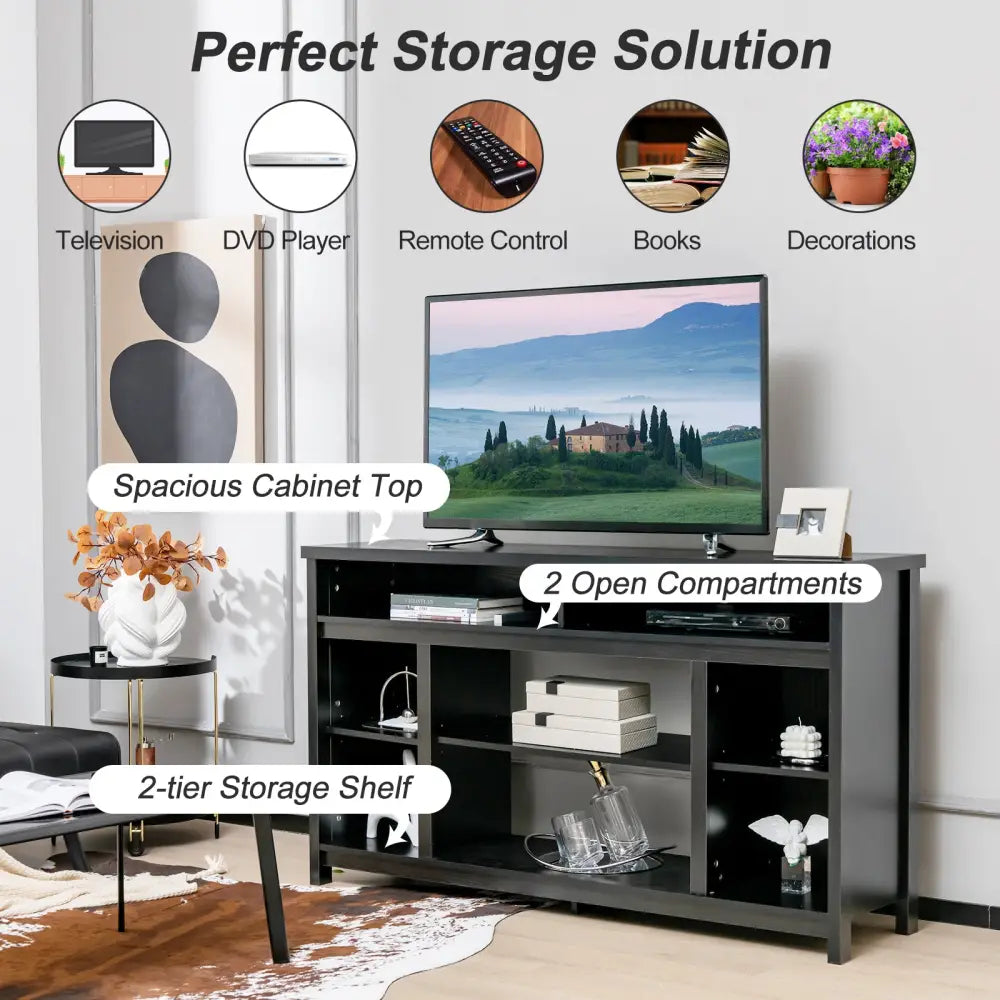 58 Inch TV Stand Entertainment Console Center with Adjustable Open Shelves-Black - Black - Entertainment Centers & TV