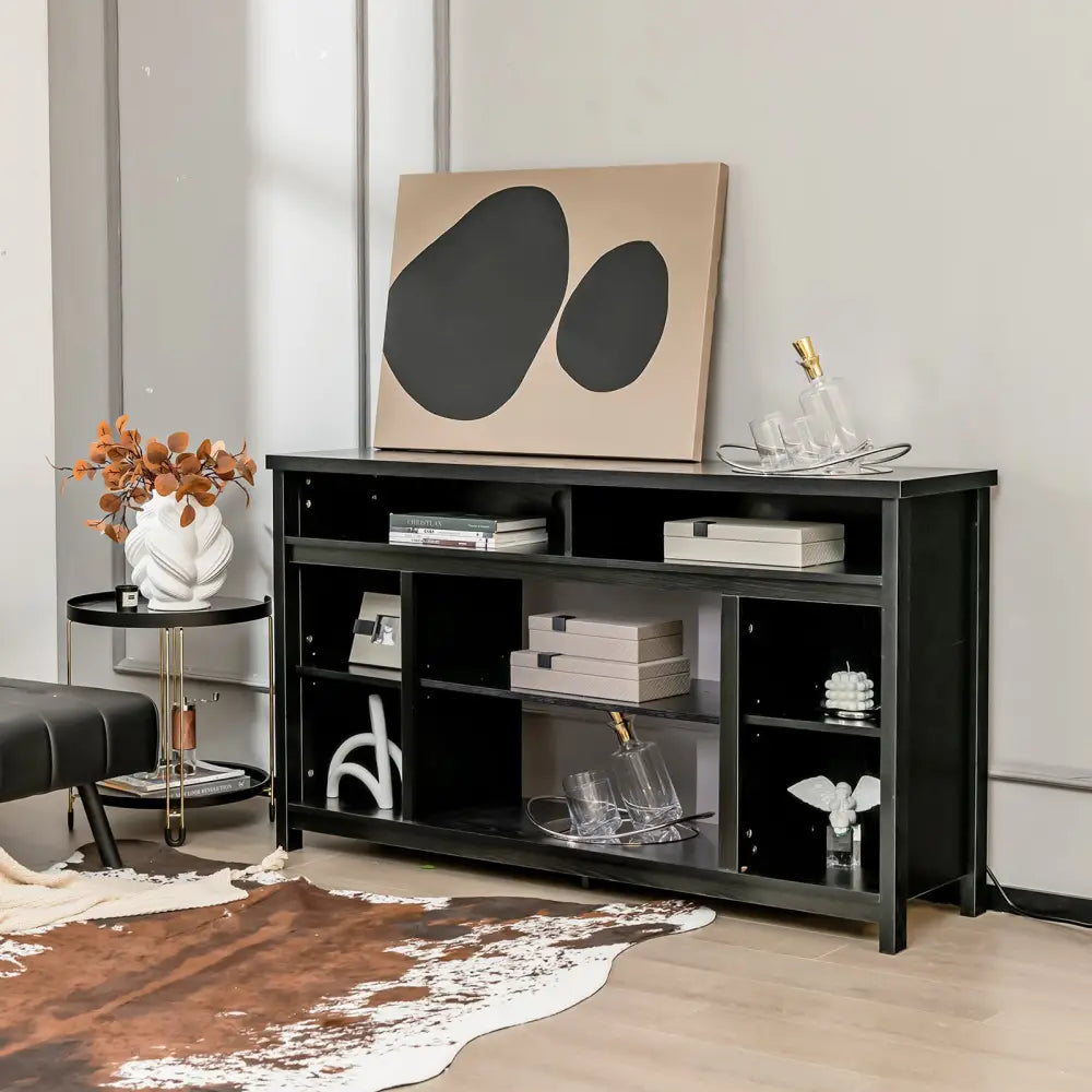 58 Inch TV Stand Entertainment Console Center with Adjustable Open Shelves-Black - Black - Entertainment Centers & TV
