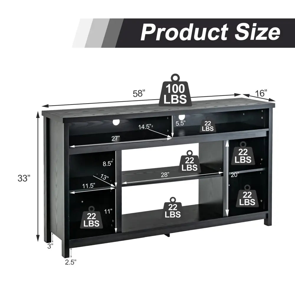 58 Inch TV Stand Entertainment Console Center with Adjustable Open Shelves-Black - Black - Entertainment Centers & TV