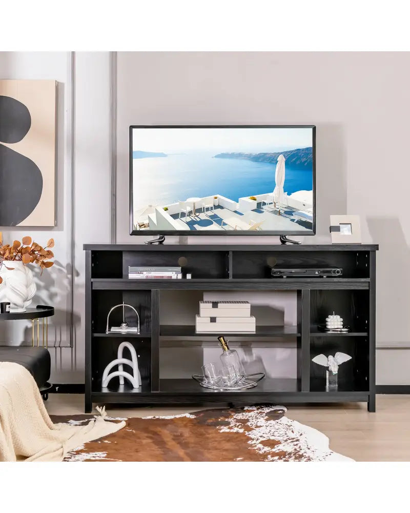 58 Inch TV Stand Entertainment Console Center with Adjustable Open Shelves-Black - Black - Entertainment Centers & TV