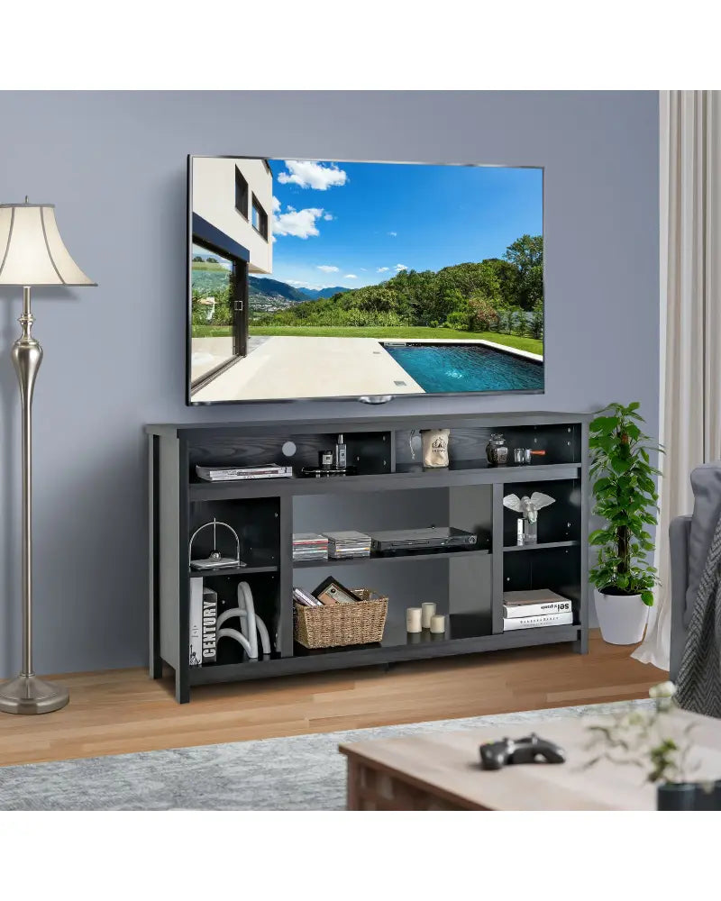 58 Inch TV Stand Entertainment Console Center with Adjustable Open Shelves-Black - Black - Entertainment Centers & TV