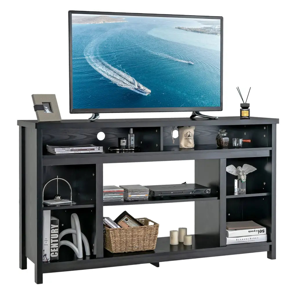 58 Inch TV Stand Entertainment Console Center with Adjustable Open Shelves-Black - Black - Entertainment Centers & TV
