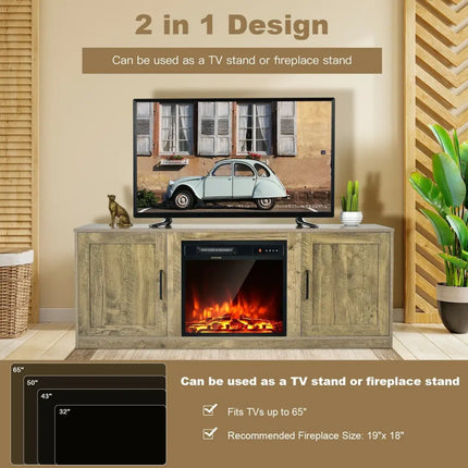 58 Inch TV Stand with 1500W Faux Fireplace for TVs up to 65 Inch-Natural Costway