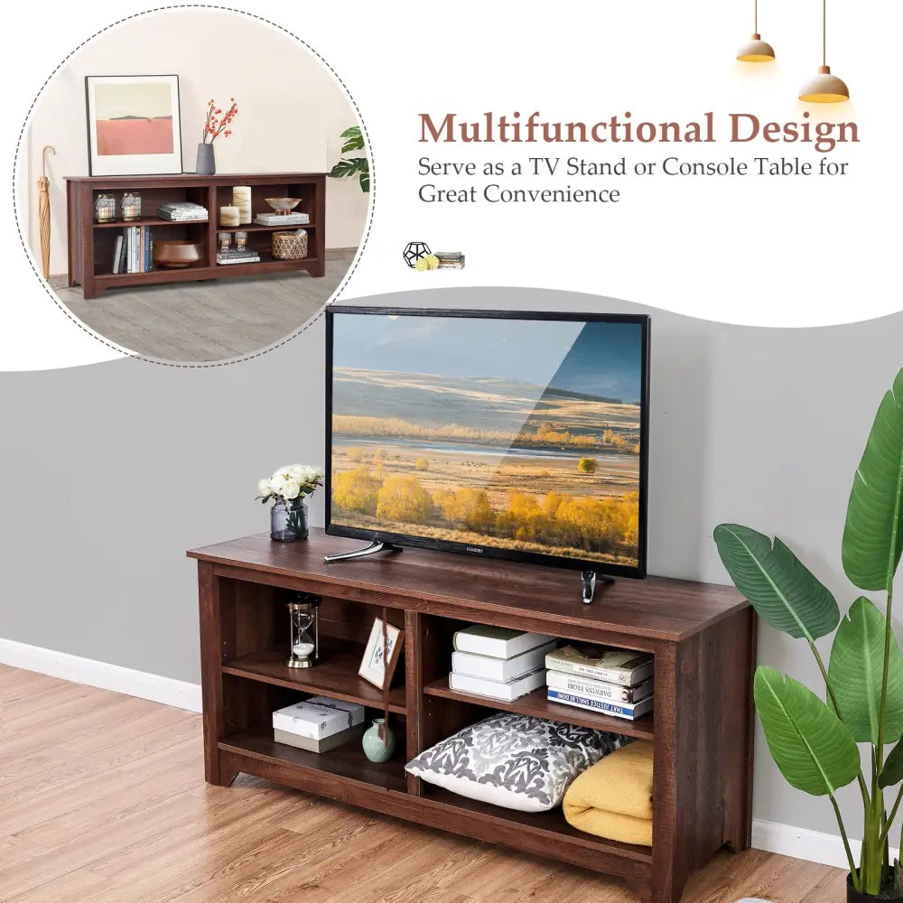 58 Inch Wood TV Stand for TVs up to 65 Inches with 4 Open Storage Shelves - Brown - Entertainment Centers & TV Stands