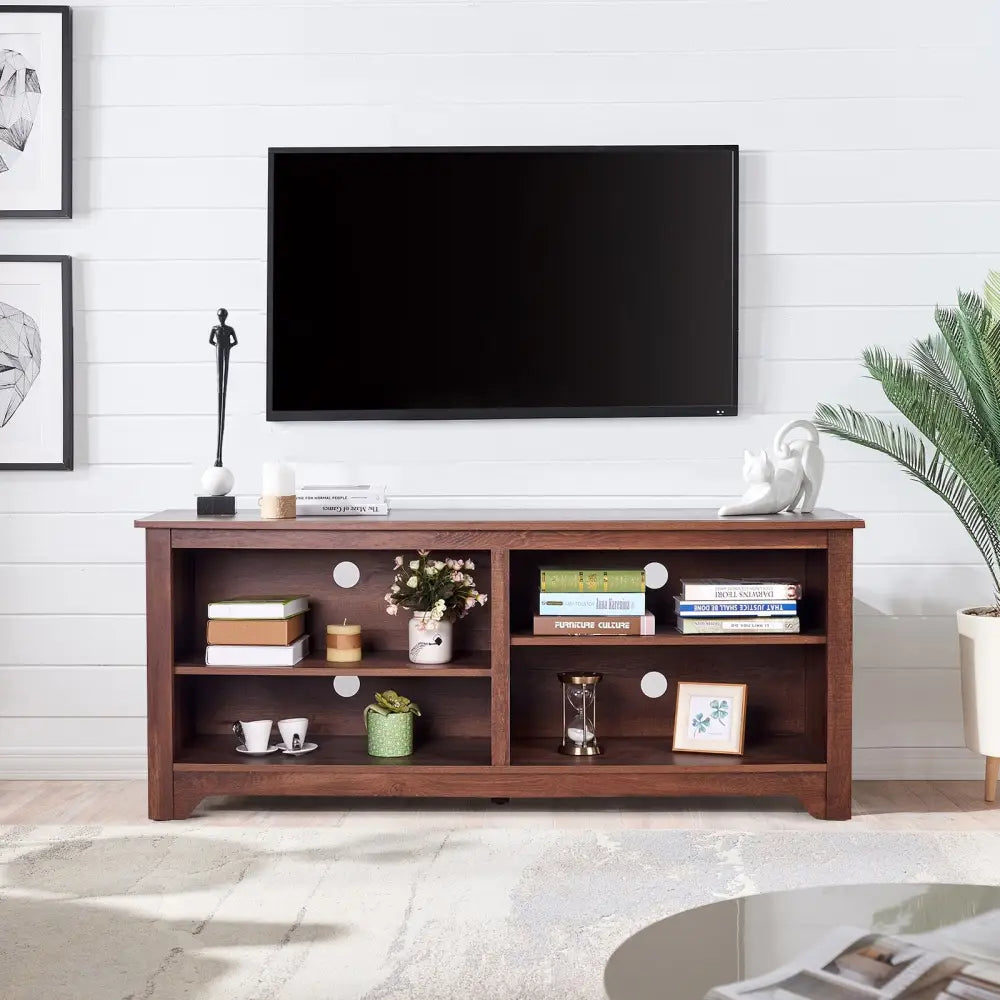 58 Inch Wood TV Stand for TVs up to 65 Inches with 4 Open Storage Shelves - Brown - Entertainment Centers & TV Stands