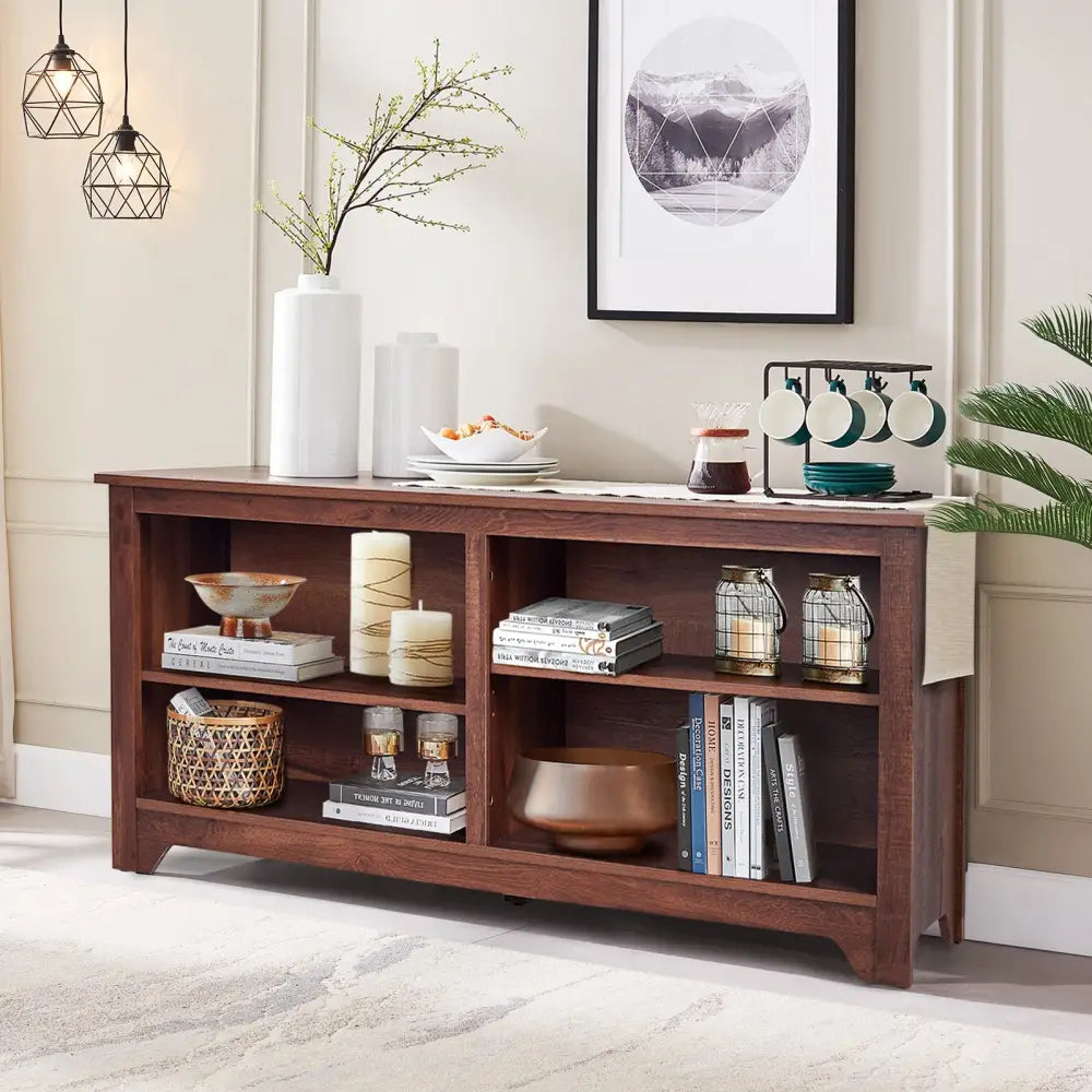 58 Inch Wood TV Stand for TVs up to 65 Inches with 4 Open Storage Shelves - Brown - Entertainment Centers & TV Stands