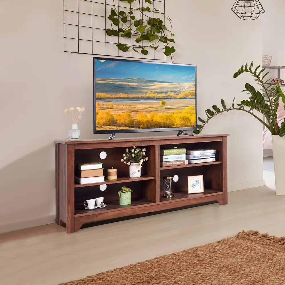 58 Inch Wood TV Stand for TVs up to 65 Inches with 4 Open Storage Shelves - Brown - Entertainment Centers & TV Stands
