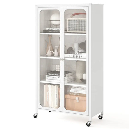 58 Inches Bookcase with Adjustable Shelves and Lockable Wheels-White Costway