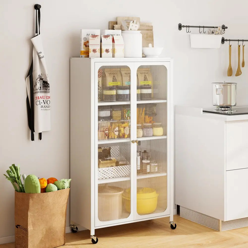 58 Inches Bookcase with Adjustable Shelves and Lockable Wheels-White - White - Bookcases