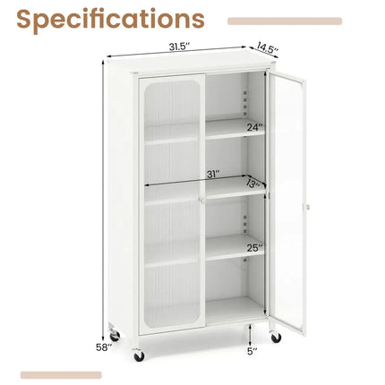 58 Inches Bookcase with Adjustable Shelves and Lockable Wheels-White Costway