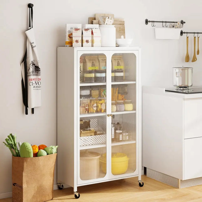 58 Inches Bookcase with Adjustable Shelves and Lockable Wheels-White Costway