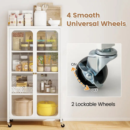 58 Inches Bookcase with Adjustable Shelves and Lockable Wheels-White Costway