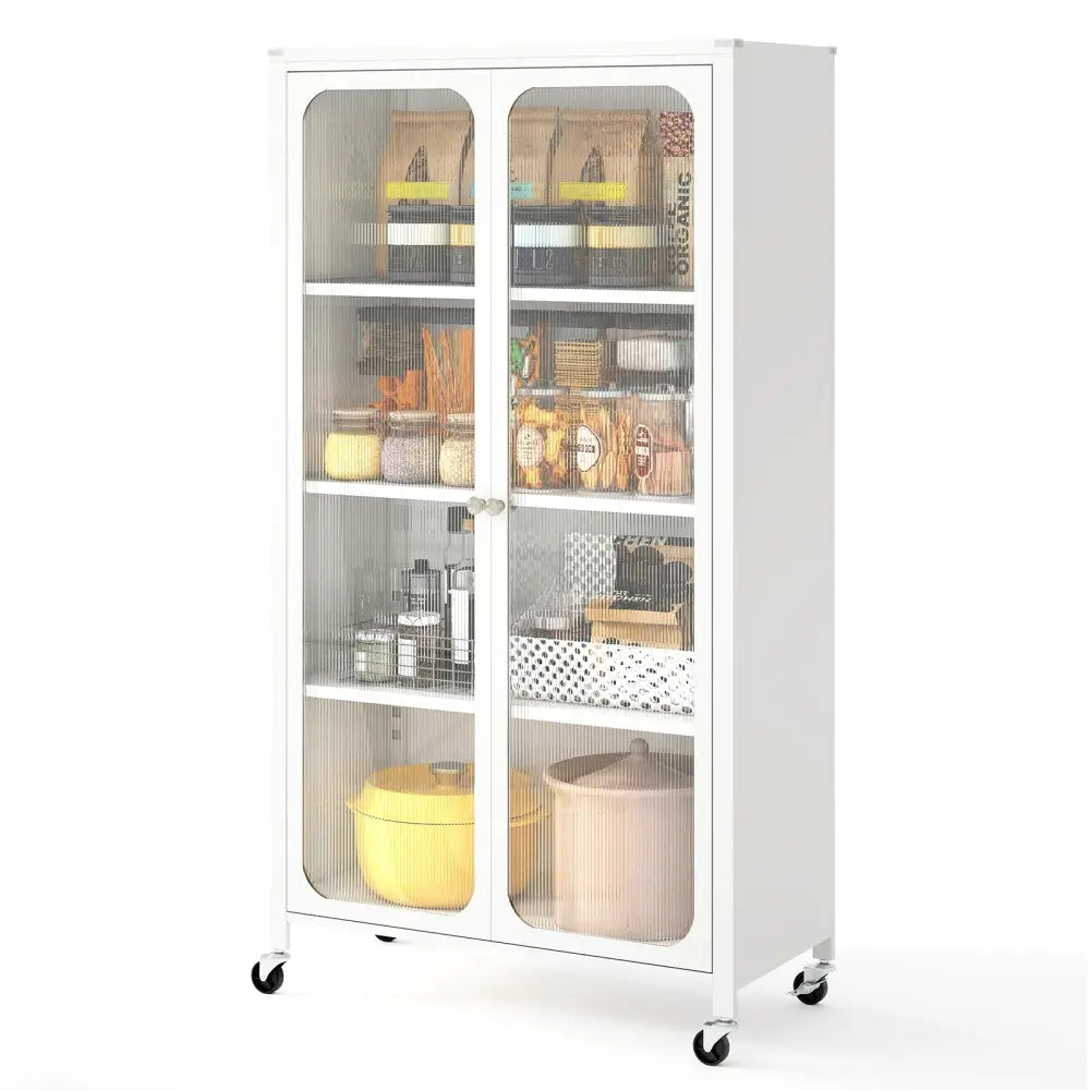 58 Inches Bookcase with Adjustable Shelves and Lockable Wheels-White - White - Bookcases