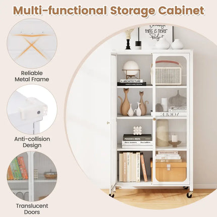 58 Inches Bookcase with Adjustable Shelves and Lockable Wheels-White Costway