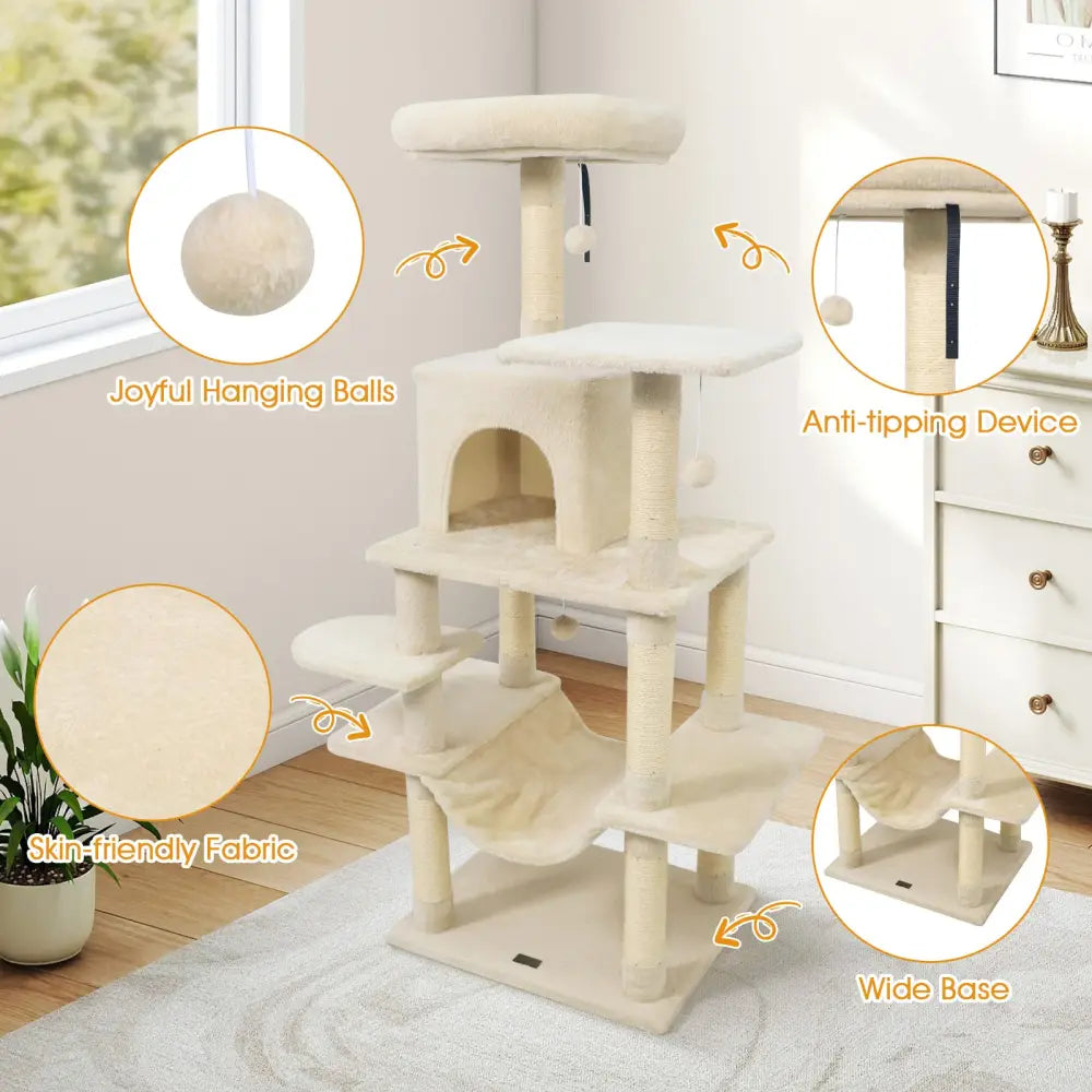 58’’ Multi-Level Cat Tree Soft Plush Cat Tower with Padded Top Perch-Beige - Beige - Cat Trees Condos & Scratchers
