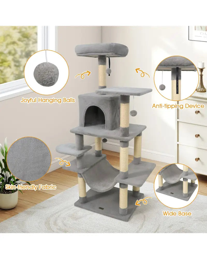 58’’ Multi-Level Cat Tree Soft Plush Cat Tower with Padded Top Perch-Light Gray - Light Gray - Cat Trees Condos &