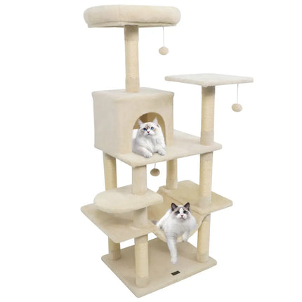 58" Multi - Level Cat Tree Soft Plush Cat Tower with Padded Top Perch - Beige - Oasis Home Essentials