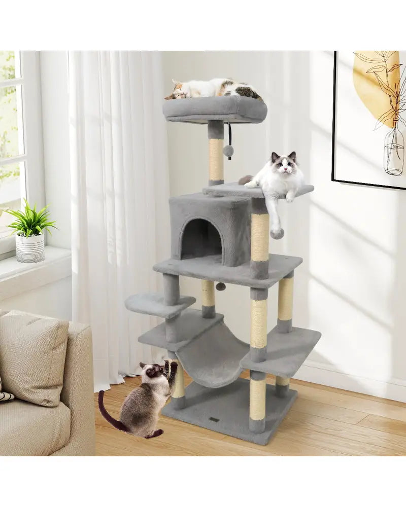 58’’ Multi-Level Cat Tree Soft Plush Cat Tower with Padded Top Perch-Light Gray - Light Gray - Cat Trees Condos &