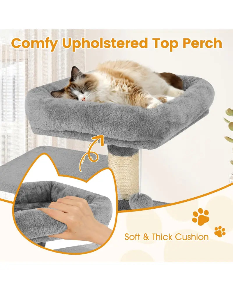 58’’ Multi-Level Cat Tree Soft Plush Cat Tower with Padded Top Perch-Light Gray - Light Gray - Cat Trees Condos &