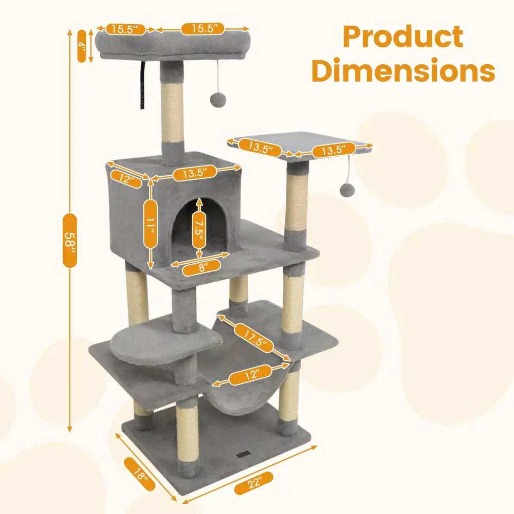 58’’ Multi-Level Cat Tree Soft Plush Cat Tower with Padded Top Perch-Light Gray - Light Gray - Cat Trees Condos &