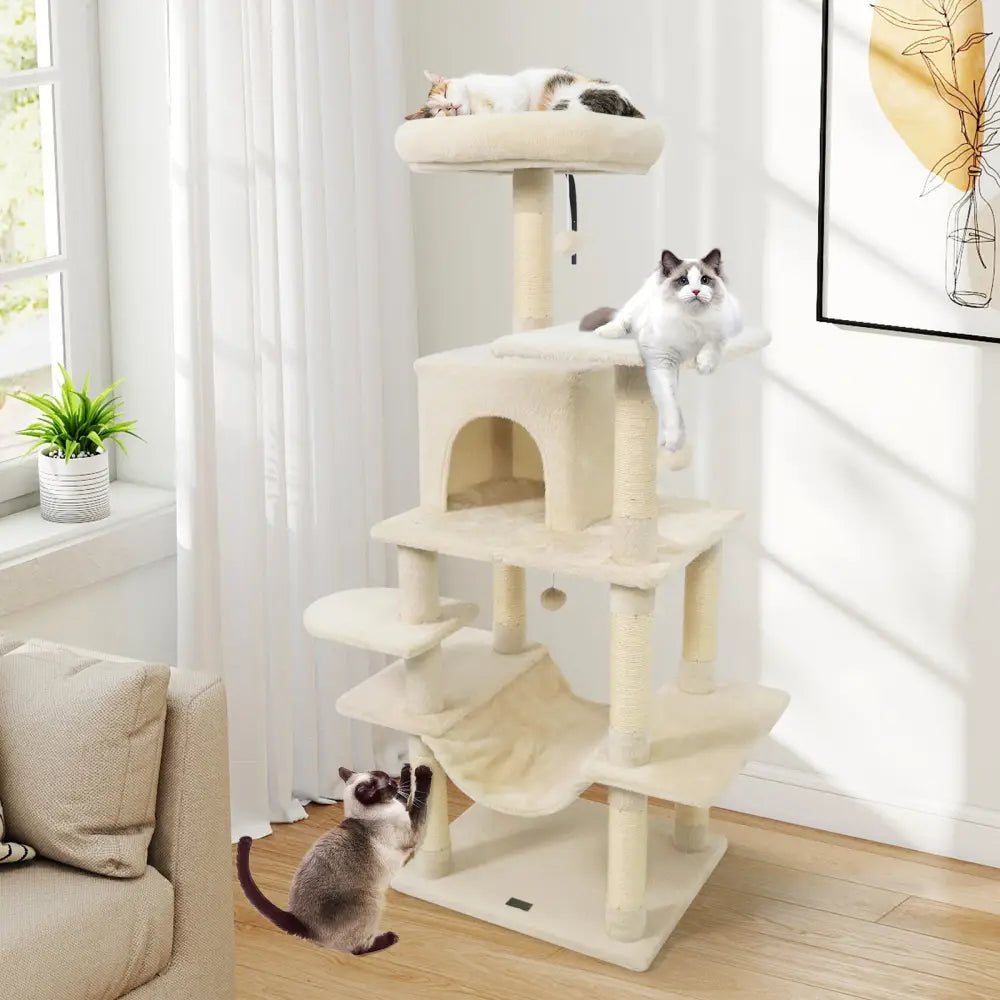 58’’ Multi-Level Cat Tree Soft Plush Cat Tower with Padded Top Perch-Beige - Beige - Cat Trees Condos & Scratchers