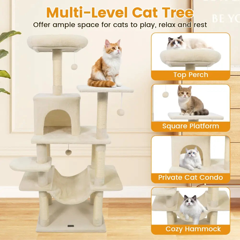 58’’ Multi-Level Cat Tree Soft Plush Cat Tower with Padded Top Perch-Beige - Beige - Cat Trees Condos & Scratchers