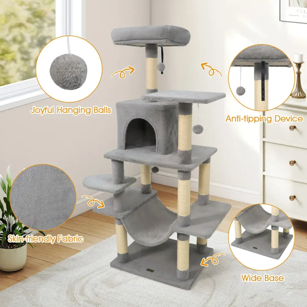 58’’ Multi-Level Cat Tree Soft Plush Cat Tower with Padded Top Perch-Light Gray - Light Gray - Cat Trees Condos &