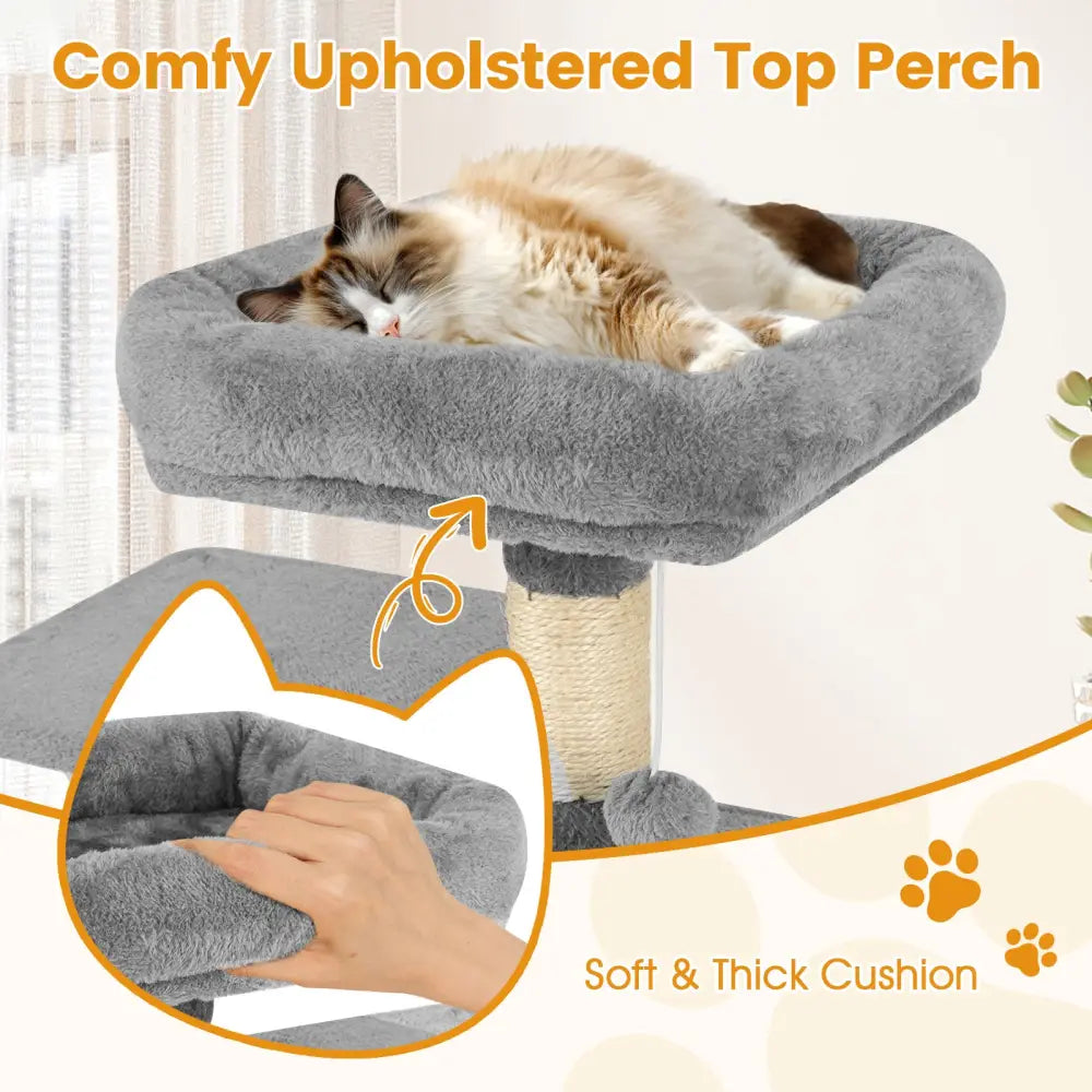 58’’ Multi-Level Cat Tree Soft Plush Cat Tower with Padded Top Perch-Light Gray - Light Gray - Cat Trees Condos &
