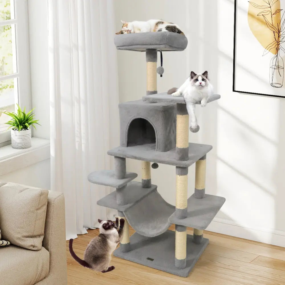58’’ Multi-Level Cat Tree Soft Plush Cat Tower with Padded Top Perch-Light Gray - Light Gray - Cat Trees Condos &