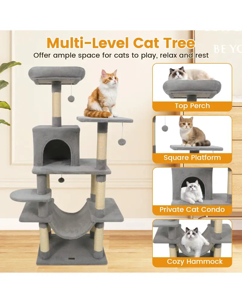 58’’ Multi-Level Cat Tree Soft Plush Cat Tower with Padded Top Perch-Light Gray - Light Gray - Cat Trees Condos &