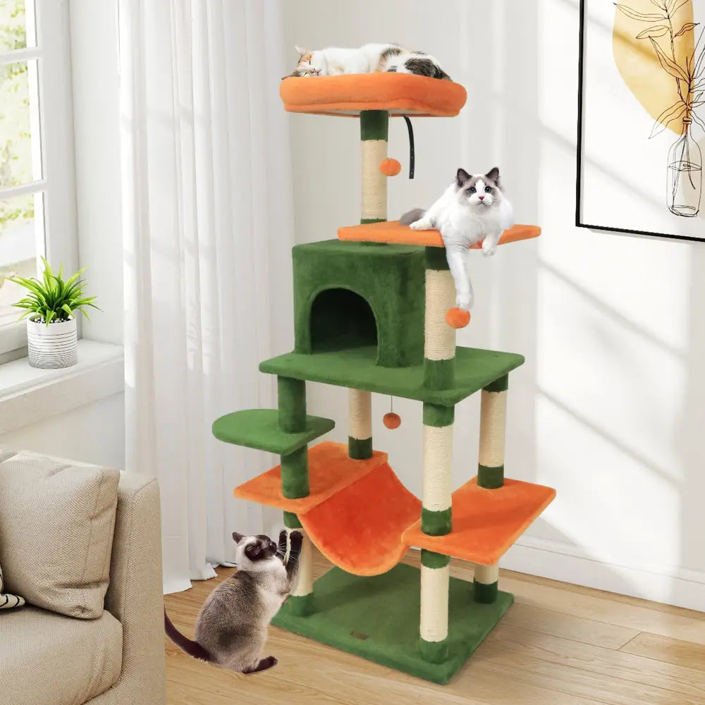 58’’ Multi-Level Cat Tree Soft Plush Cat Tower with Padded Top Perch-Green - Green - Cat Trees Condos & Scratchers