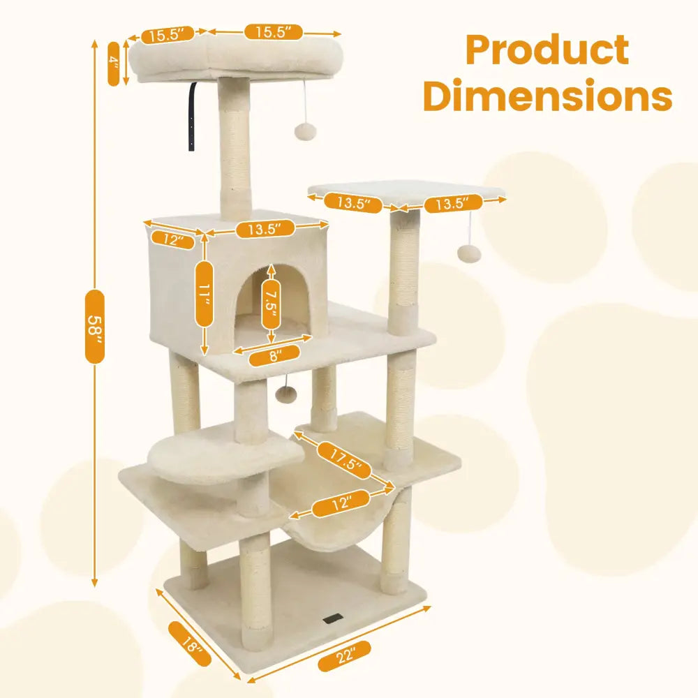 58’’ Multi-Level Cat Tree Soft Plush Cat Tower with Padded Top Perch-Beige - Beige - Cat Trees Condos & Scratchers