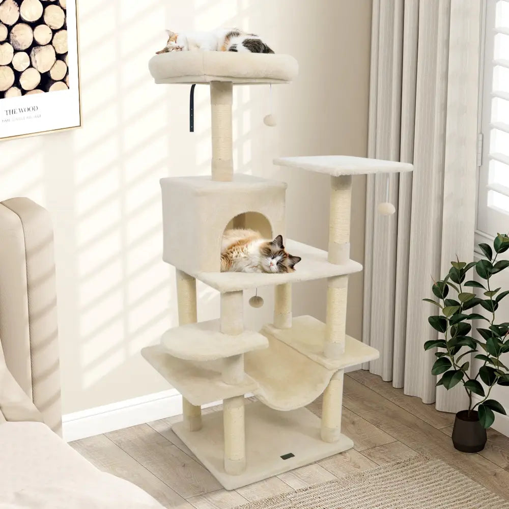 58’’ Multi-Level Cat Tree Soft Plush Cat Tower with Padded Top Perch-Beige - Beige - Cat Trees Condos & Scratchers