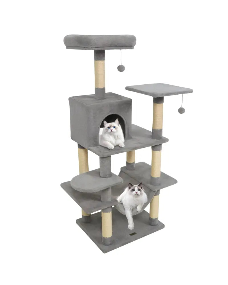 58’’ Multi-Level Cat Tree Soft Plush Cat Tower with Padded Top Perch-Light Gray - Light Gray - Cat Trees Condos &