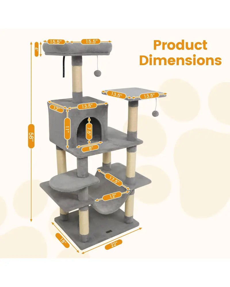 58’’ Multi-Level Cat Tree Soft Plush Cat Tower with Padded Top Perch-Light Gray - Light Gray - Cat Trees Condos &