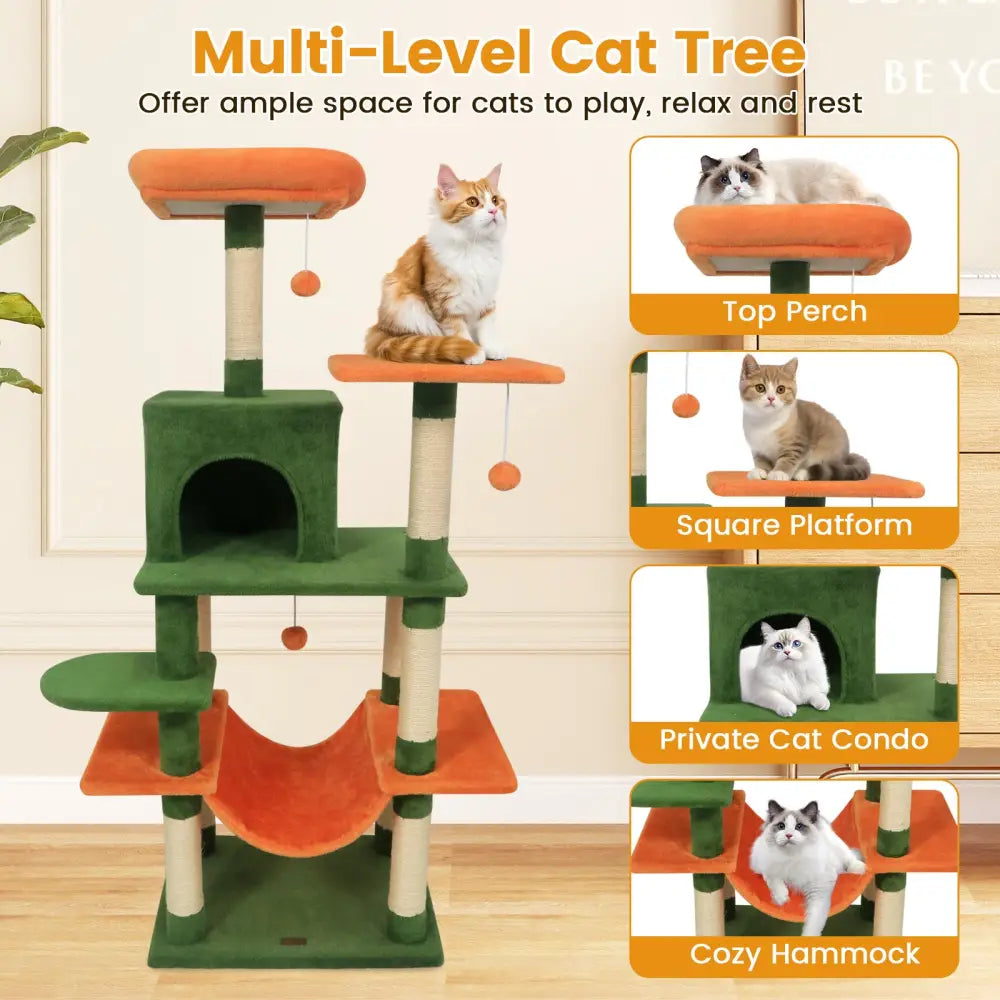 58’’ Multi-Level Cat Tree Soft Plush Cat Tower with Padded Top Perch-Green - Green - Cat Trees Condos & Scratchers