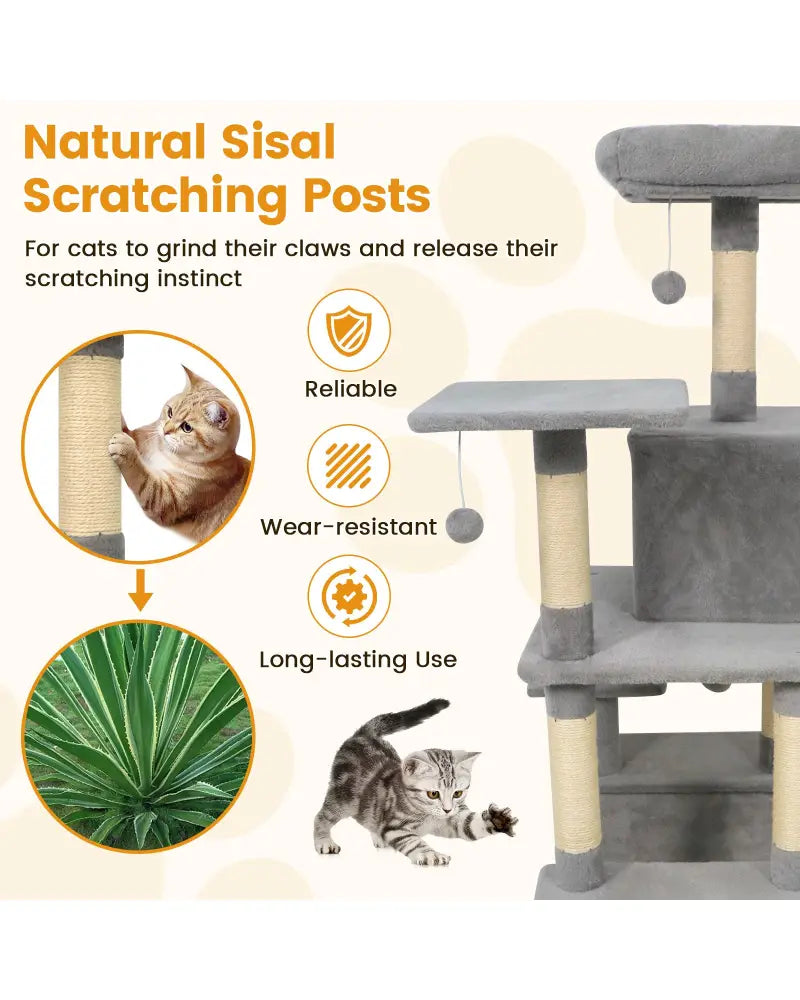58’’ Multi-Level Cat Tree Soft Plush Cat Tower with Padded Top Perch-Light Gray - Light Gray - Cat Trees Condos &