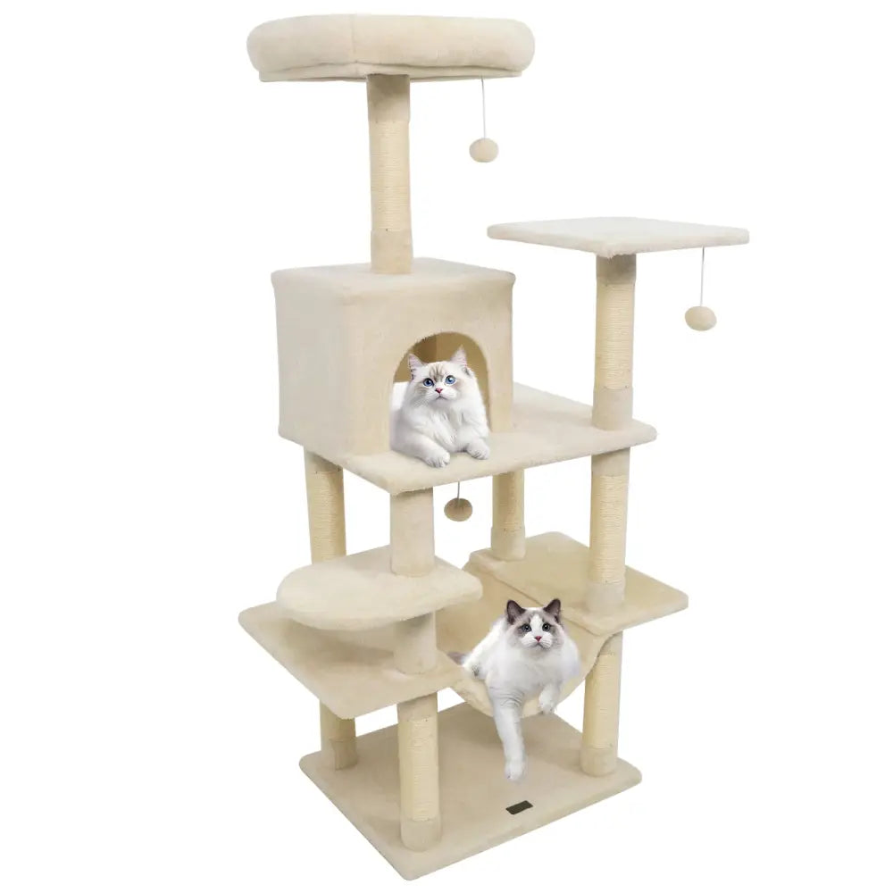 58’’ Multi-Level Cat Tree Soft Plush Cat Tower with Padded Top Perch-Beige - Beige - Cat Trees Condos & Scratchers