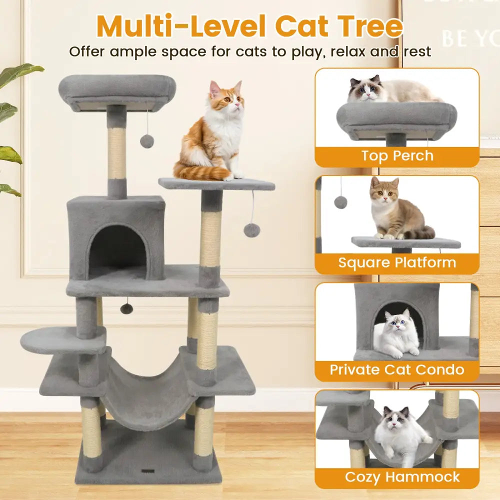 58’’ Multi-Level Cat Tree Soft Plush Cat Tower with Padded Top Perch-Light Gray - Light Gray - Cat Trees Condos &