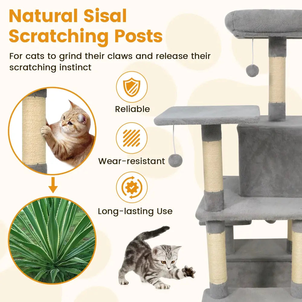 58’’ Multi-Level Cat Tree Soft Plush Cat Tower with Padded Top Perch-Light Gray - Light Gray - Cat Trees Condos &